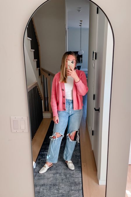 Pink Cardigan - wearing a Medium.
$8 Ribbed High Neck Tank - Medium.
Jeans run big!
Amazon loafers that are Gucci inspired!

#LTKunder100 #LTKshoecrush