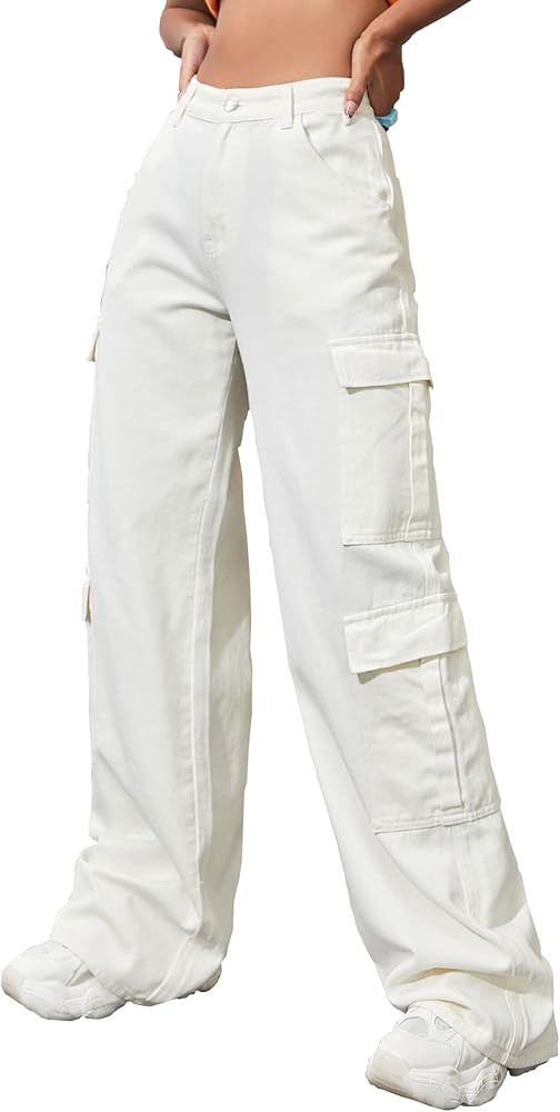 Women's High Waist Cargo Jeans Flap Pocket Baggy Cargo Pants Y2K Wide Leg Denim Jeans Y2K Streetw... | Amazon (US)