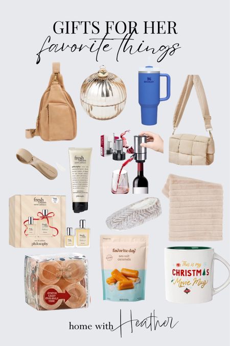 Favorite Things Party Gift Ideas for HER! 
Sling bag purse, Stanley Quencher, Puffer Cross Body Bag, Quilted shoulder purse, Himalayan Salt Shot Glasses, Stoneware Christmas Coffee Mug, Sea Salt Caramels, Faux fur Blanket, Mercury Glass Candle, Magnetic Hat Clip, One Touch Electric Smart Wine Dispenser, Philosophy Fresh Cream Warm Cashmere Perfume Gift Set, Philosophy Cashmere Body Cream, Body Lotion, Faux Fur Slipper Socks.
#giftguide 

#LTKGiftGuide #LTKparties #LTKHoliday