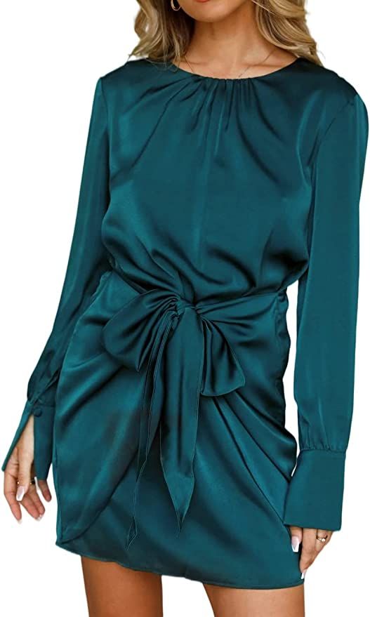R.Vivimos Women's Satin Dress Long Sleeve Casual Wrap Ruched Tie Waist Party Mini Dress (Medium, ... | Amazon (US)
