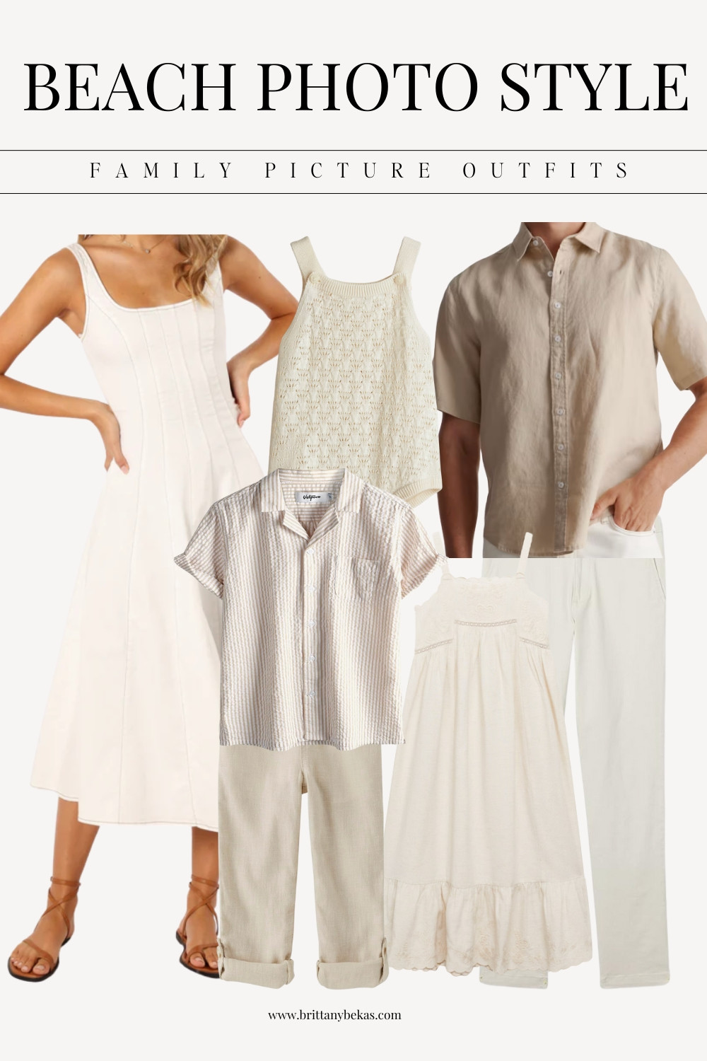 A neutral family photo outfit style perfect for the beach in mix of textures including linen shirts, white dresses and a knit baby romper. 

Quince - mango - petal and pup 
Vacation dress - men's vacation outfits 