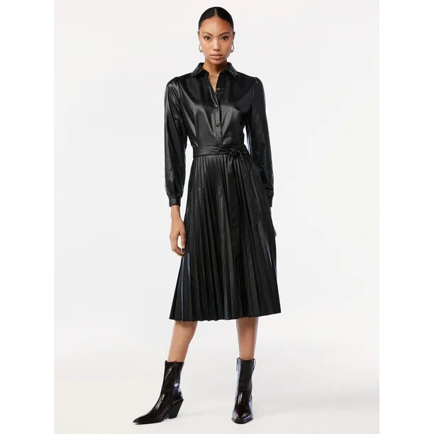 Scoop Women's Faux Leather Pleated Shirtdress - Walmart.com | Walmart (US)