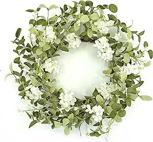 WreathDream 20 inches Artificial Spring Hydrangea Wreath with Green Eucalyptus Leaves and White H... | Amazon (US)