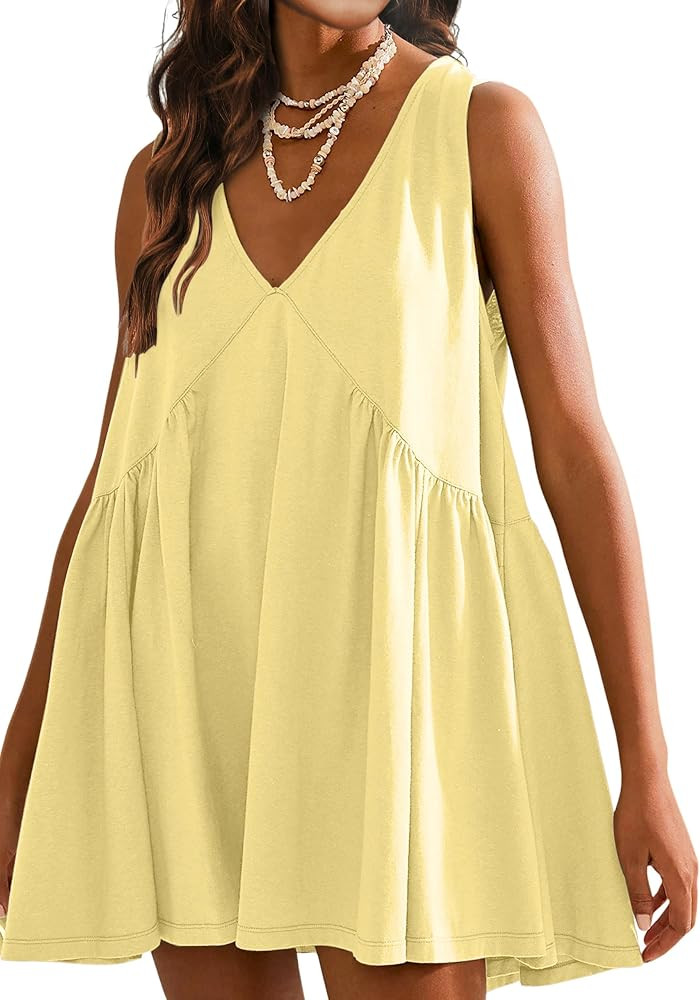 Sleeveless Mini Dress for Women 2026 Summer Casual V Neck Sundress Loose Babydoll Dress with Pock... | Amazon (US)