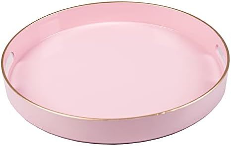 MAONAME Round Pink Decorative Tray for Coffee Table, 13-inch Modern Plastic Tray with Handles, Se... | Amazon (US)