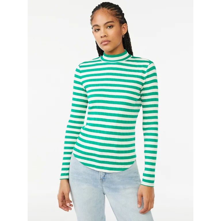 Free Assembly Women's Mock Neck Novelty Rib Tee with Long Sleeves | Walmart (US)