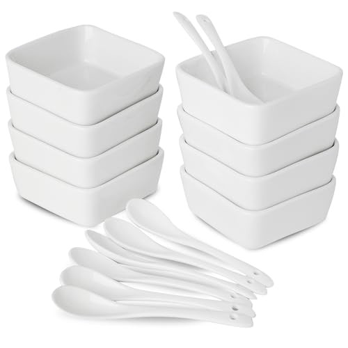 UIBFCWN 3.5 Inch Ceramic Soy Sauce Dish, 3.5 Oz Square Dipping Bowls with Serving Spoons Set, Sauce Ramekins Condiment Serving Bowls for Sauces, Side Dishes, Appetizers (8 Bowls + 8 Spoons) | Amazon (US)