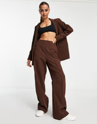 Pieces high waisted wide leg tailored trousers co-ord in chocolate | ASOS (Global)