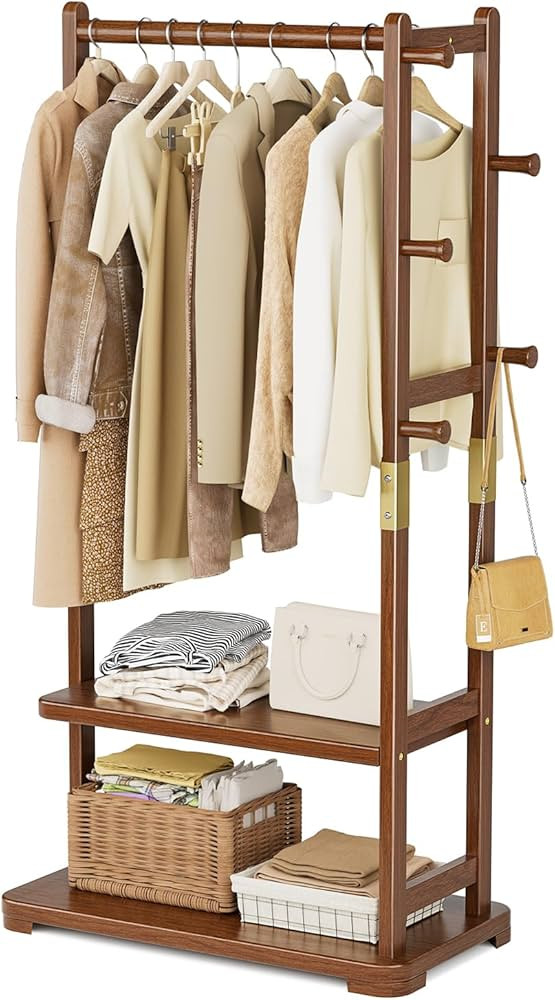 Taitiy Coat Rack Solid Wood Clothes Rack with 2 Shelves & 4 Hooks for Hanging Clothes Garment Wal... | Amazon (US)