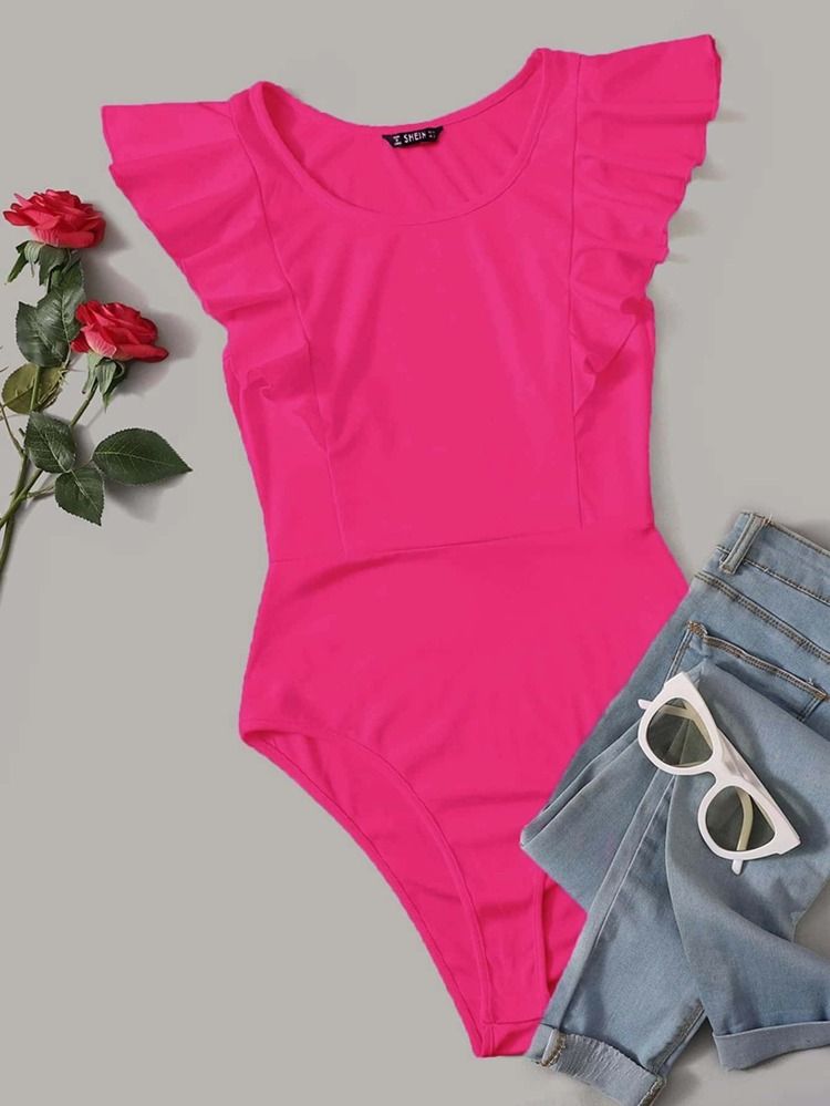 SHEIN Neon Pink Ruffled Cheeky-Cut Bodysuit | SHEIN
