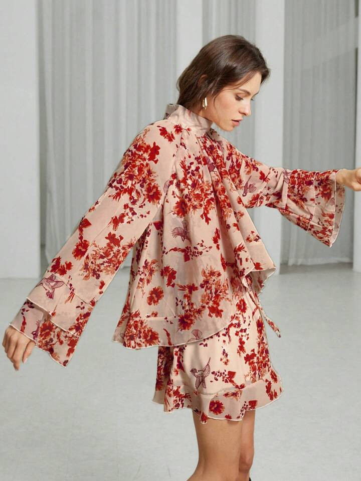 Aveloria Modichic Vestido corto elegante y elegante con estampado floral, mangas largas y volante... | SHEIN