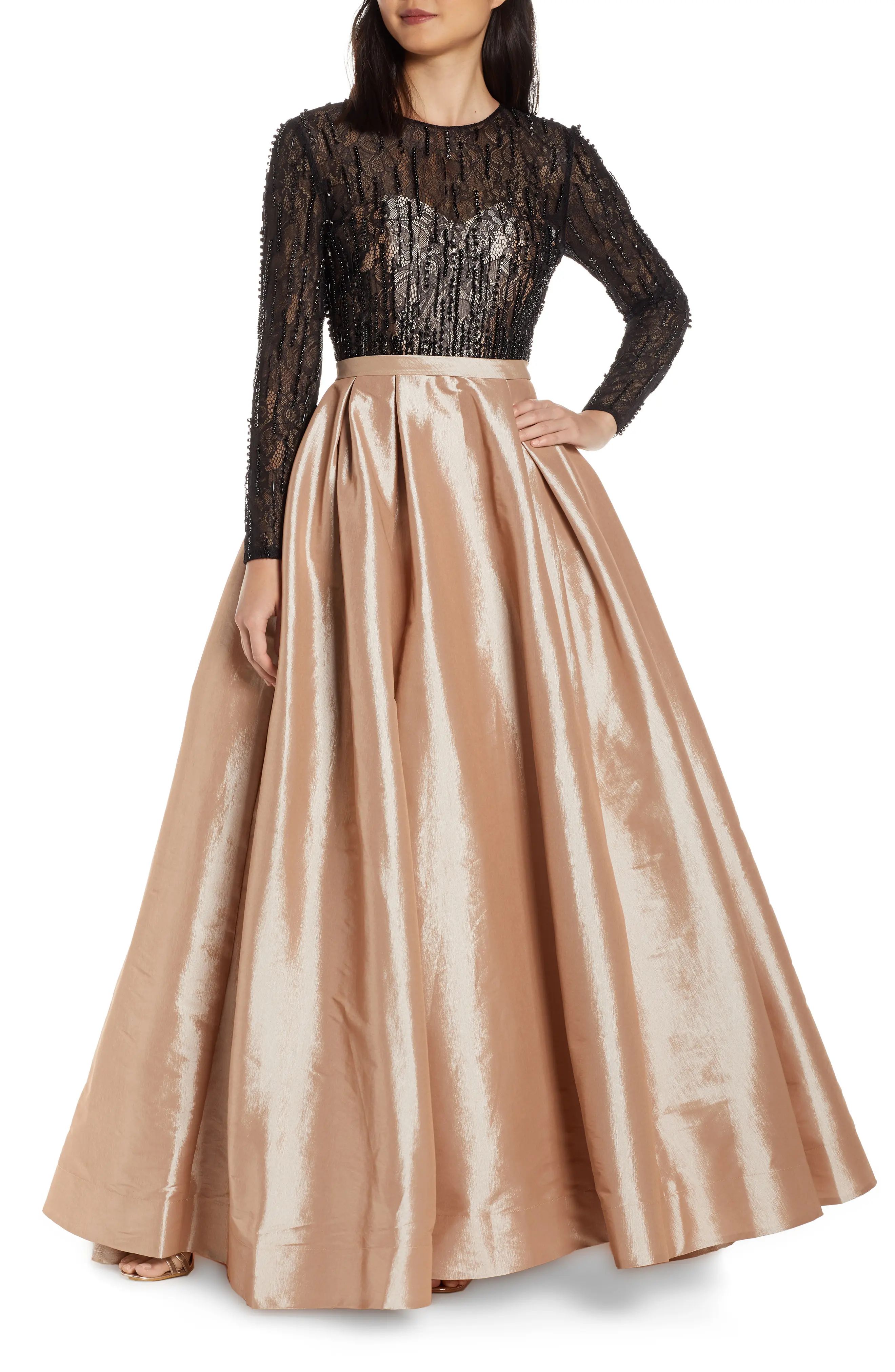 Women's MAC Duggal Long Sleeve Illusion Lace Bodice Prom Dress, Size 8 - Beige | Nordstrom