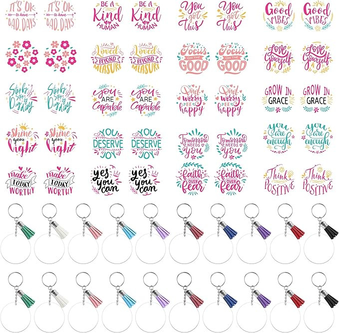 Acrylic Keychain Blanks, Inspirational UV DTF Transfer Stickers, Clear Acrylic Blanks, Tassels, D... | Amazon (US)