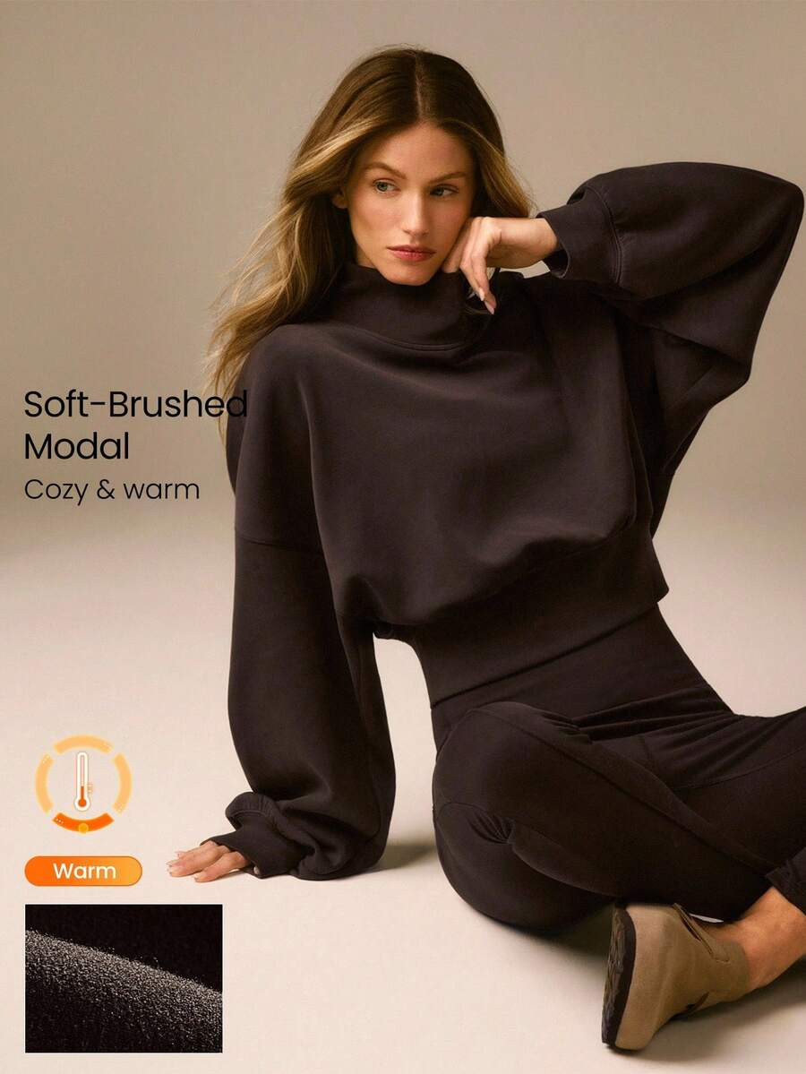 GLOWMODE Modal Soft Warm Curved Bubble Hem Waist Length Oversized Ribbed Cuffs High Neck Pullover... | SHEIN