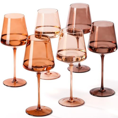 Brown Wine Glasses Set of 6-18oz【Hand Blown】 Colored Wine Glasses with Tall Long Stems and Flat Bottom, Amber Colored Glassware-Unique Gifts for Wine Lovers-Wedding Gifts | Amazon (US)
