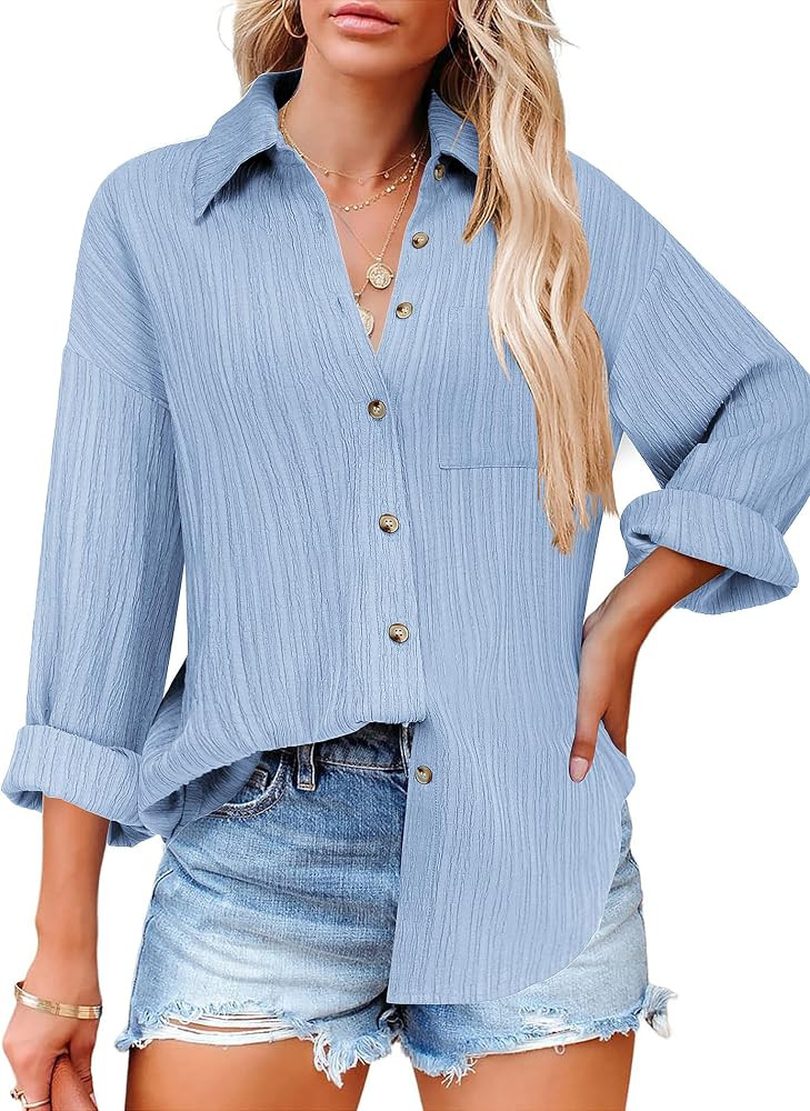 HOTOUCH Womens Button Down Shirts Long Sleeve Dress Shirt Textured Collared Work Blouse Dressy Casual Tops with Pocket | Amazon (US)