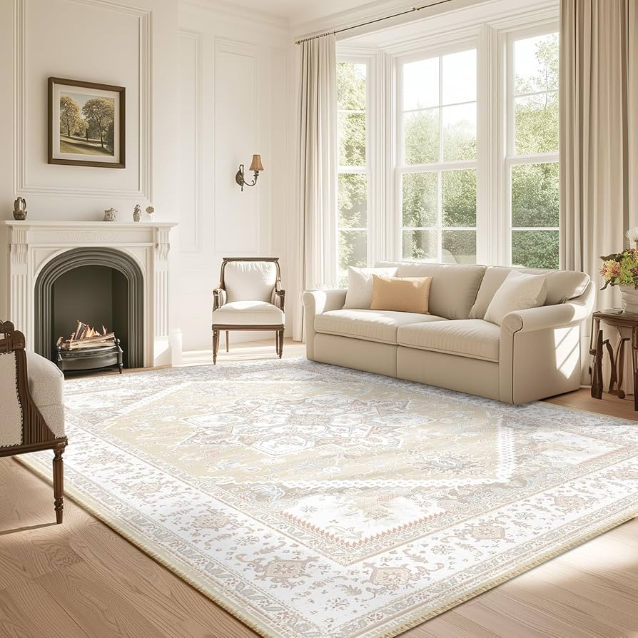 BESTSWEETIE Area Rug, 6x9 Coral Fleece Rug, Washable Non-Slip Cream Rug, Low Pile Vintage Distres... | Amazon (US)