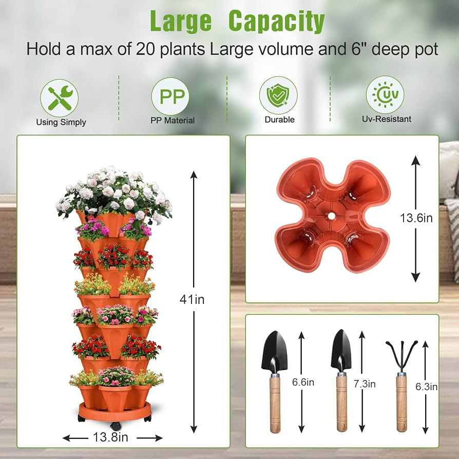 Vertical Strawberry Planter 7 Tier Stackable Tower Herb Planters Stacking Outdoor Garden Red Plan... | Amazon (US)