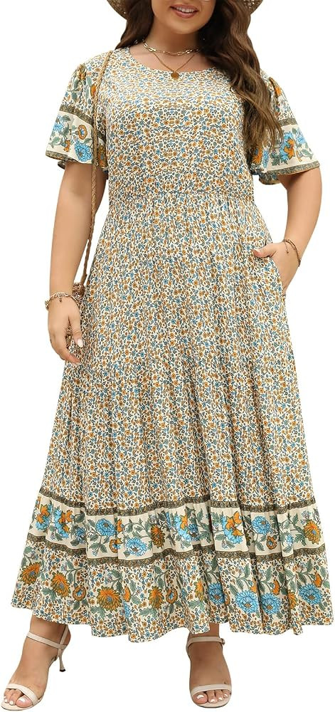 Nemidor Womens Plus Size Boho Ditsy Floral Print Casual Layered Flared Maxi Dress with Pocket | Amazon (US)