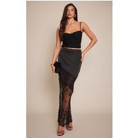 Black Satin Contrast Chiffon Lace Maxi Skirt | PrettyLittleThing UK