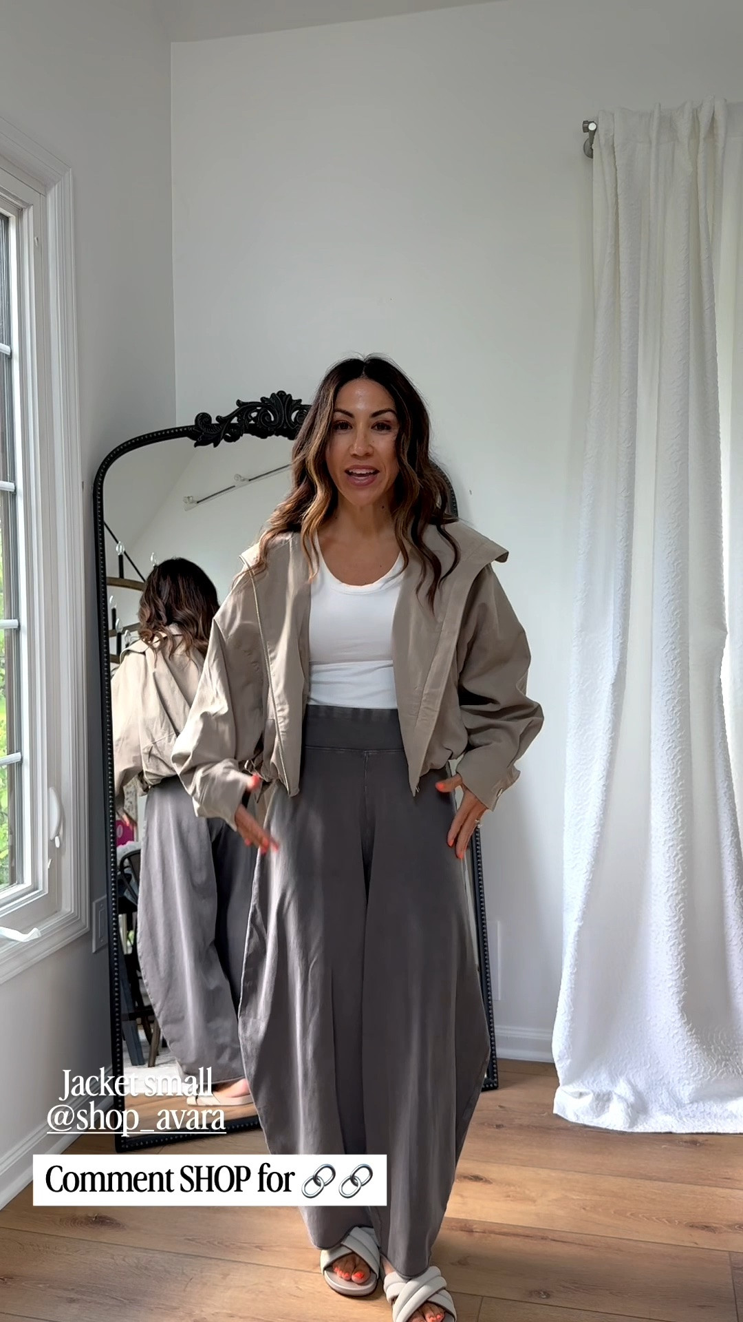 Small fall jacket. XS barrel sweatpants. Sandals TTS.

#LTKOver40 #LTKPetite