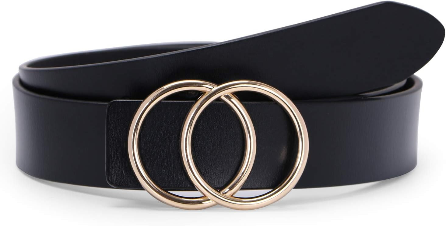 SUOSDEY Women Leather Belt Fashion Double O-Ring Soft Faux Leather Waist Belts For Jeans Dress | Amazon (US)