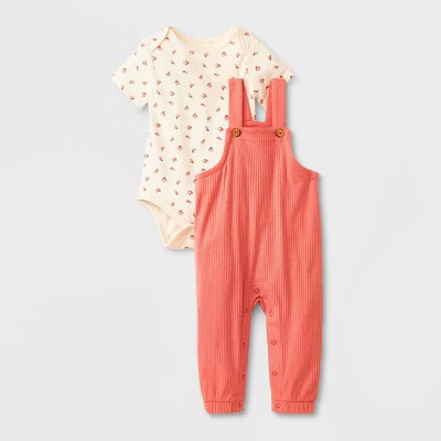 Baby Girls' 2pc Short Sleeve Bodysuit & Overalls Set - Cat & Jack™ Peach Orange | Target