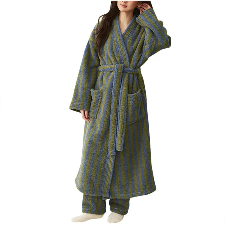JINGWANGYHBD Long Robes for Women Stripe Thick Warm Bathrobe Lightweight Spa Robe Fleece Plush So... | Walmart (US)