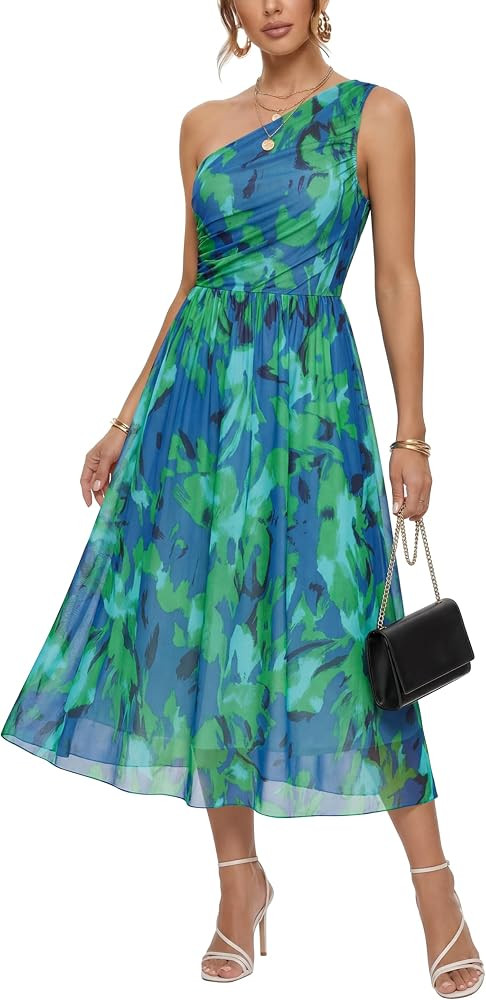 Womens One Shoulder Midi Floral Dress Sleeveless Asymmetric Dress | Amazon (US)