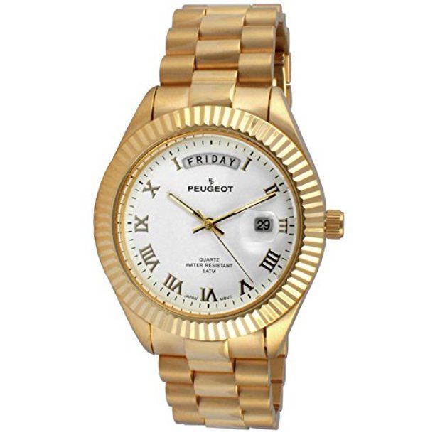 Men's '14K All Plated Day Date Roman Numeral Big White Face Fluted Bezel Luxury' Quartz Metal and... | Walmart (US)