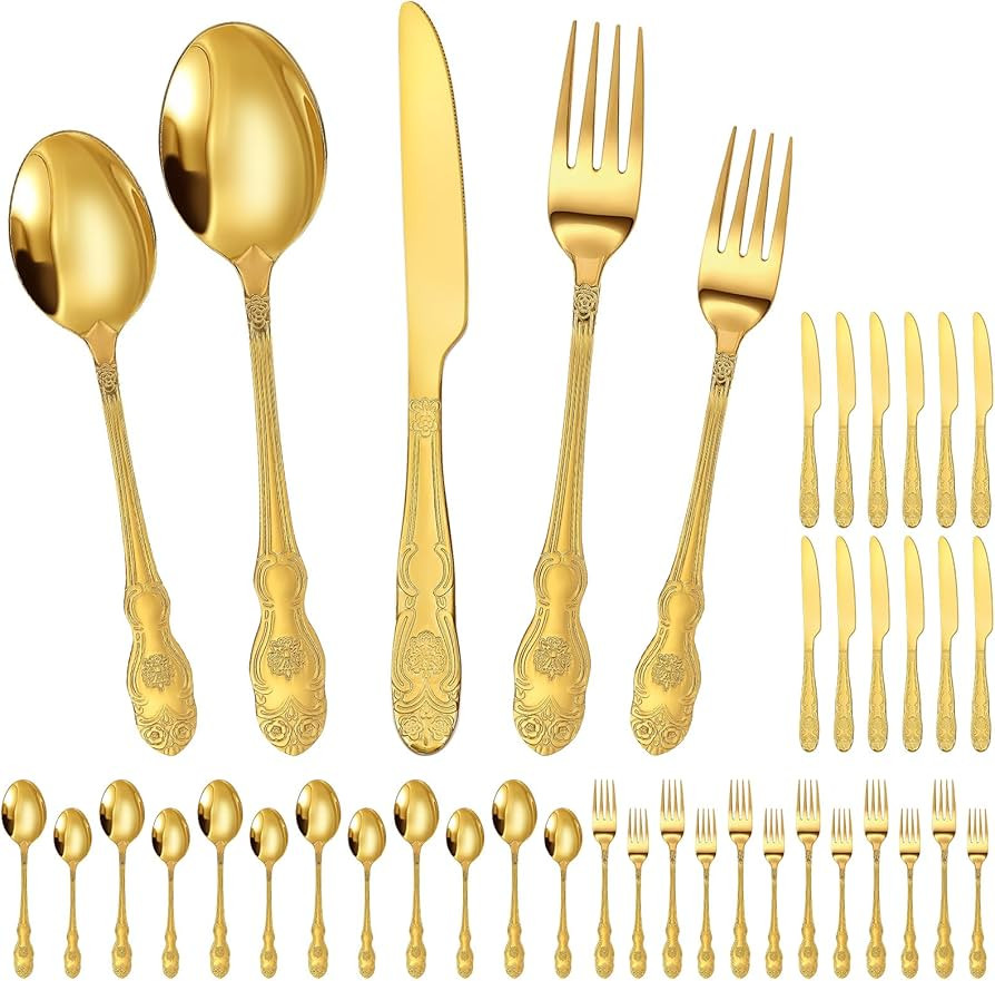 Dandat 60 Pcs Gold Silverware Set Service for 12, Stainless Steel Retro Royal Flatware Tableware ... | Amazon (US)