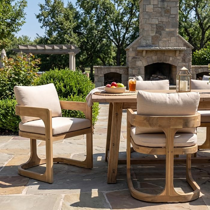 Christopher Knight Home Zeke Outdoor Dining Chairs Set of 2, Acacia Wood Dining Chairs with Water-Resistant Cushions, Patio Side Chairs with U-Shaped Sled Base & Curved Armrests, Beige + Natural | Amazon (US)