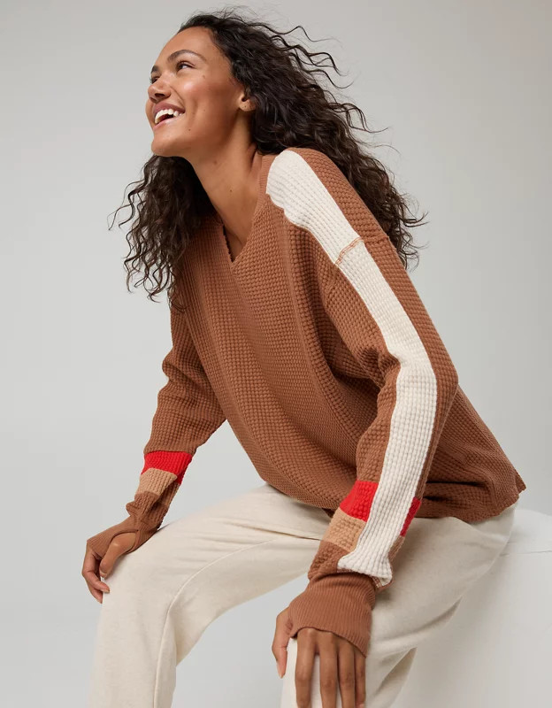 OFFLINE By Aerie Wow! Waffle Notch Neck Long Sleeve T-Shirt | American Eagle Outfitters (US & CA)