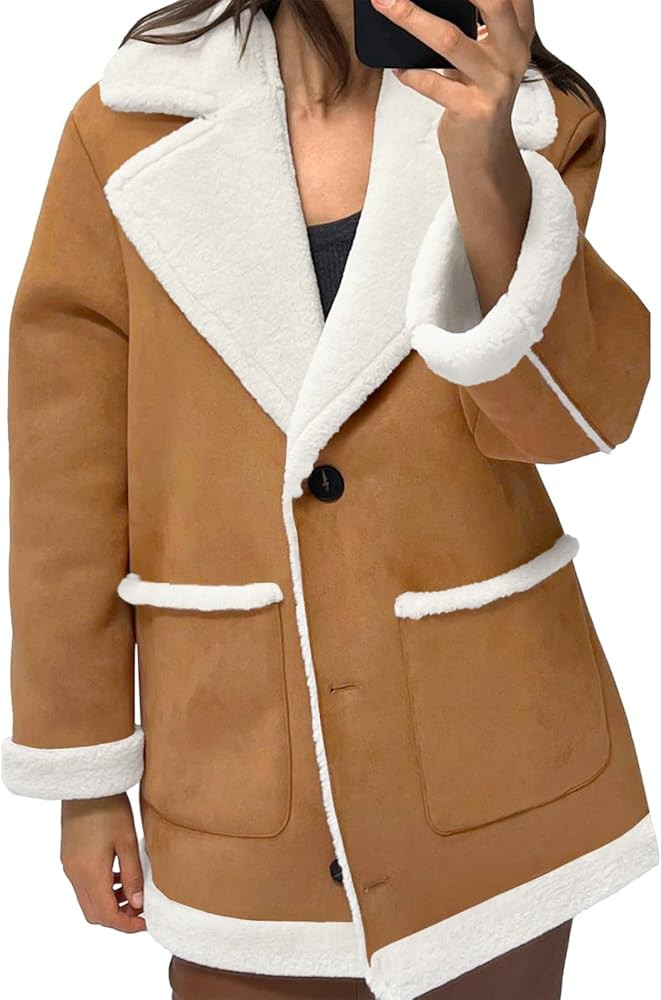 Tankaneo Chaquetas con forro de sherpa sintético para mujer, con solapa, manga larga, abrigo de ... | Amazon (US)