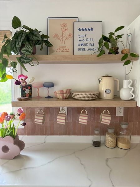 Spring kitchen shelves 
Boho home decor ideas | open shelf decor | spring kitchen inspo 

#LTKHome #LTKSeasonal #LTKSaleAlert