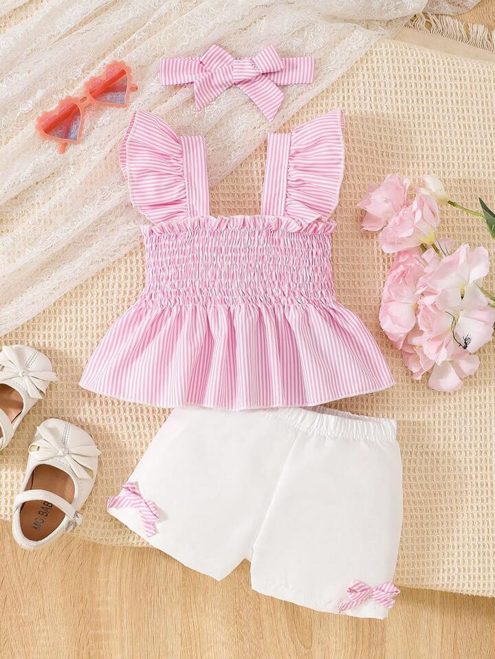 2pcs Baby Girls Set: Cute Cap Sleeve Striped Blouse And Bow Shorts, Spring/Summer | SHEIN