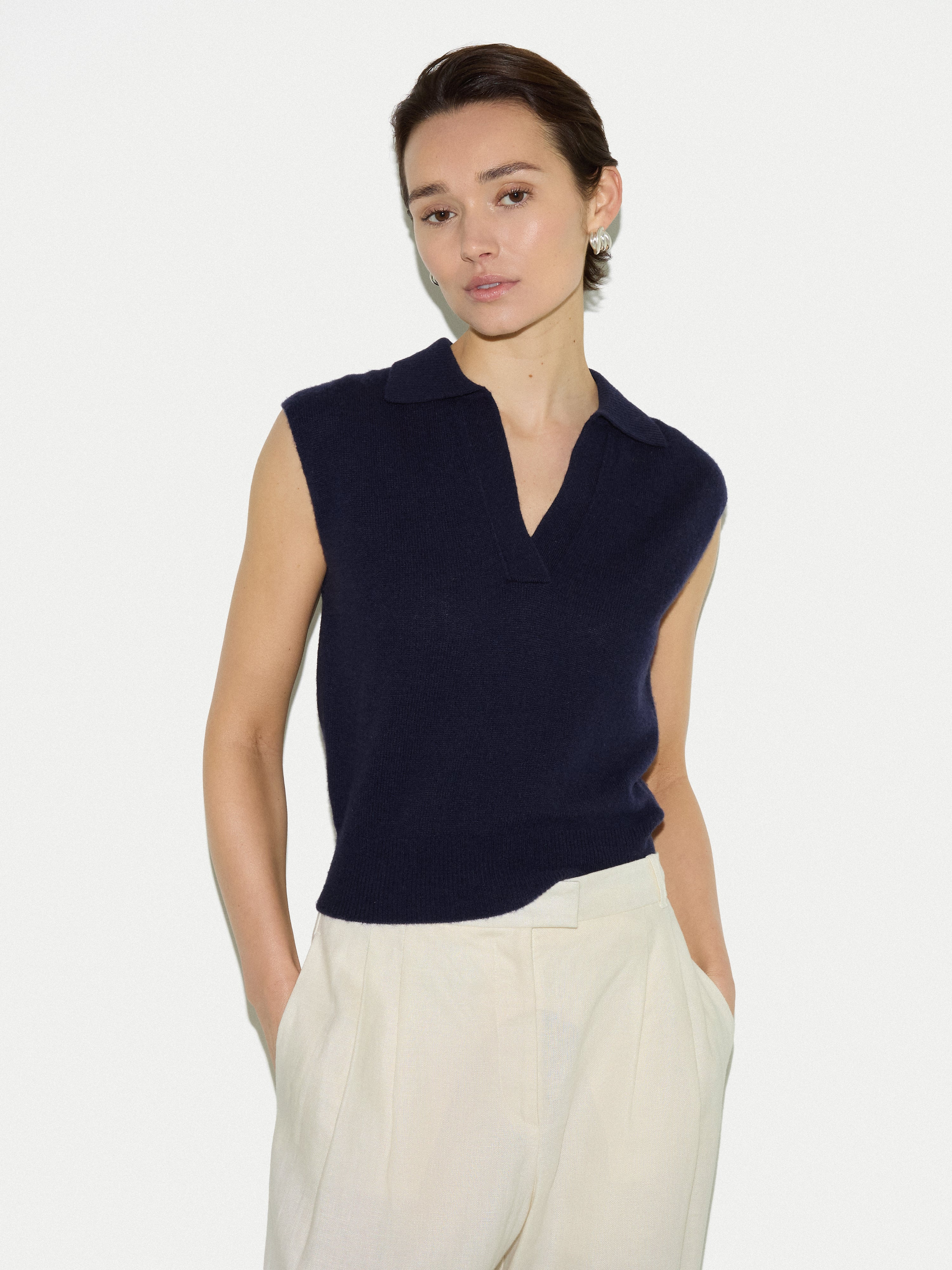 Wool Cashmere Blend Collar Top | Navy | Jigsaw (UK)