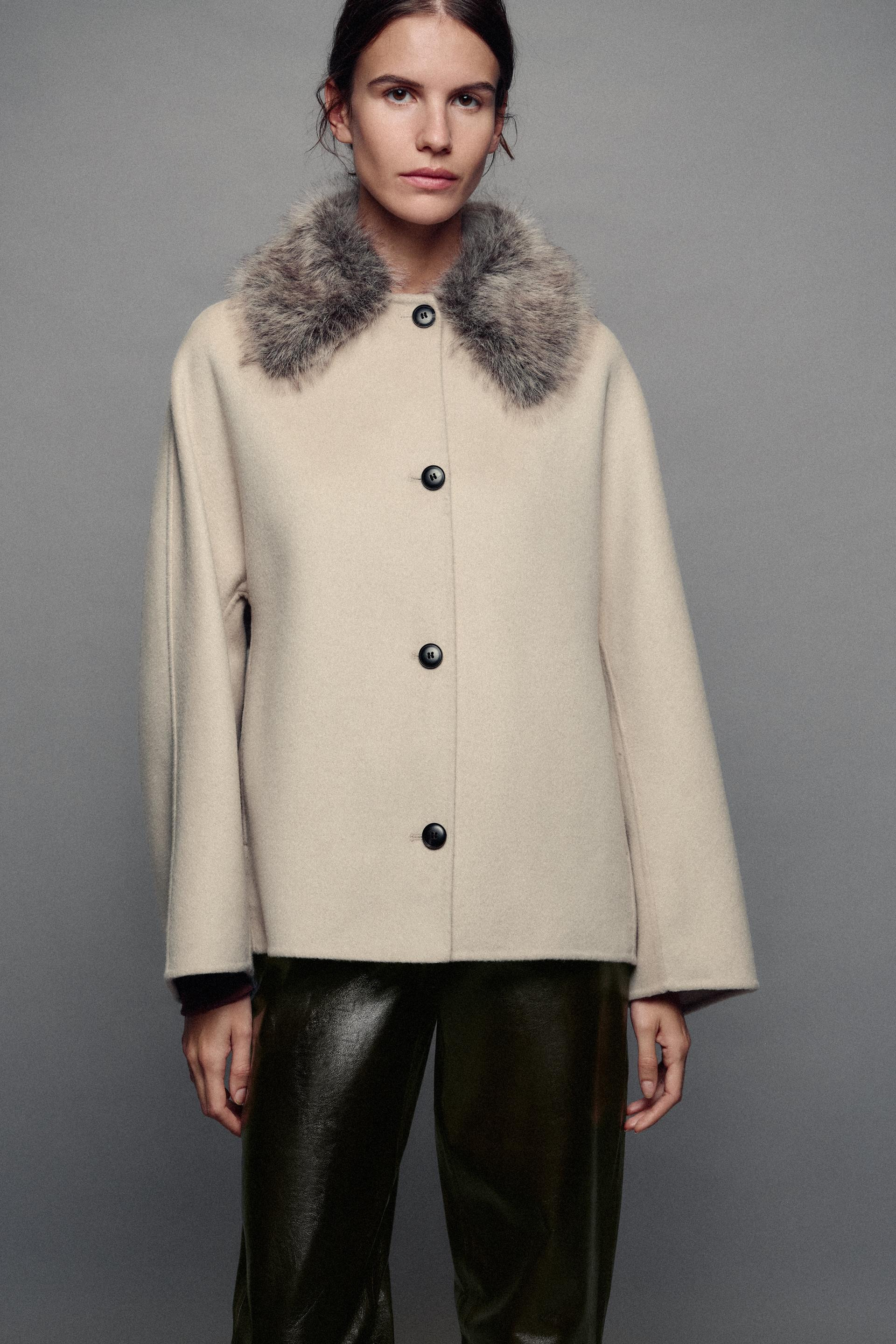 Zara - Wool Blend Faux Fur Collar Jacket Zw Collection - Women - Beige - Women | Zara US