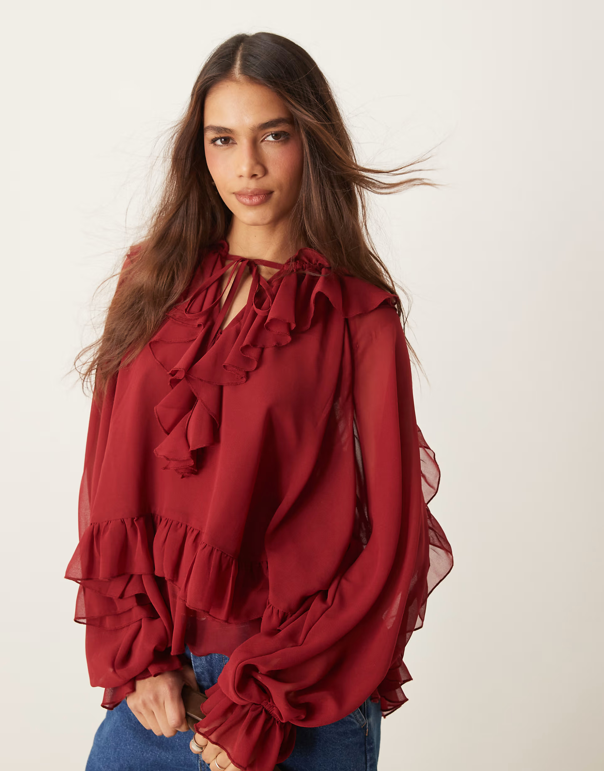ASOS DESIGN tiered ruffle detail long sleeve top in dark red | ASOS (Global)