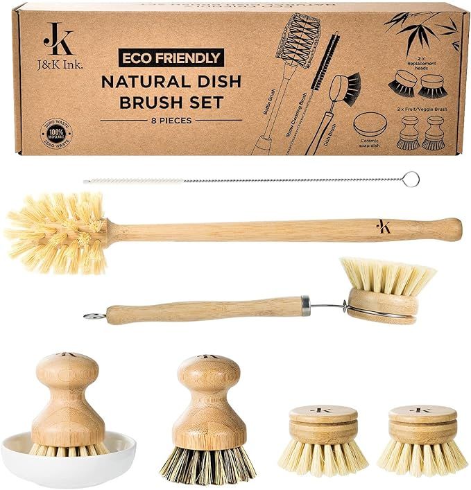 Bamboo Dish Brush Set For Cleaning Dishes Pots and Pans - Includes 1 Bamboo Dish Scrubber, 2 Extr... | Amazon (US)