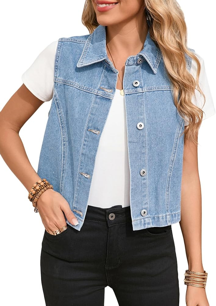 Sidefeel Women's Denim Vest Sleeveless Collared Crop Jean Vest Top Button Down Waistcoat | Amazon (US)