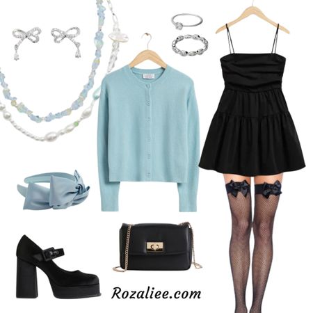 Coquette Outfit #5

Black mini dress Little black dress
Black Bow stockings black fishnet stockings Black thigh high stockings
Black platform mary jane block heels
Black leather chain crossbody bag
Light blue cardigan blue bow headband hairband silver bow earrings coquette jewelry

#LTKitbag #LTKshoecrush #LTKstyletip