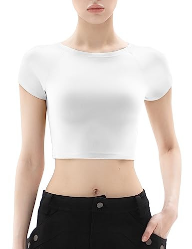PUMIEY Crop Tops for Women Short Sleeve Crew Neck T Shirt Sexy Baby Tees Splashed White Large | Amazon (US)