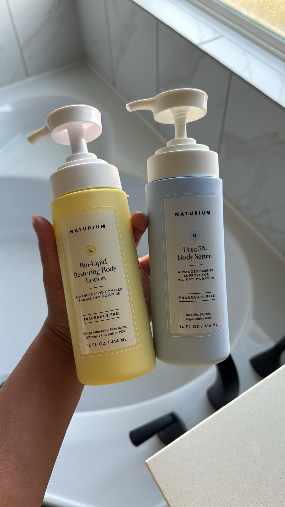Favorite unscented body lotions! The serum is a thinner formula and glides onto the skin so easily. The lotion is richer and creamier. Love them both!