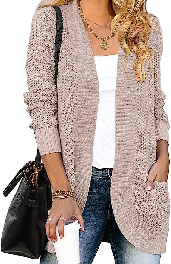 YIBOCK Womens Long Sleeve Open Front Waffle Chunky Knit Cardigan Sweater Outwear | Amazon (US)