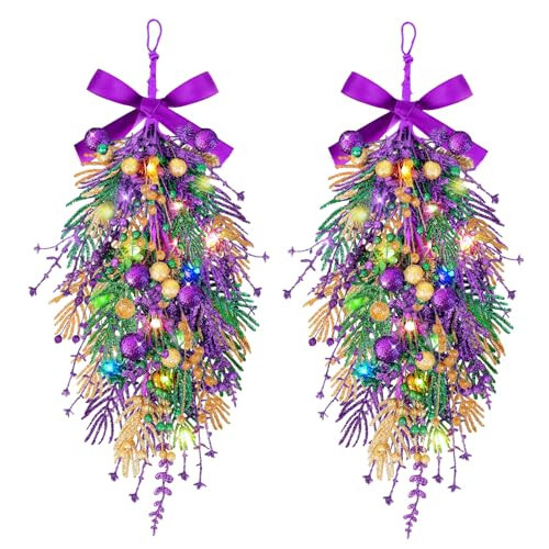 2 PCS Mardi Gras Purple and Green Glitter Swag Wreaths for Front Door Carnival Party Decor Wreath Mardi Gras Teardrop Swags for Kitchen Cabinet Home Window Chair Wall Indoor Outdoor | Amazon (US)
