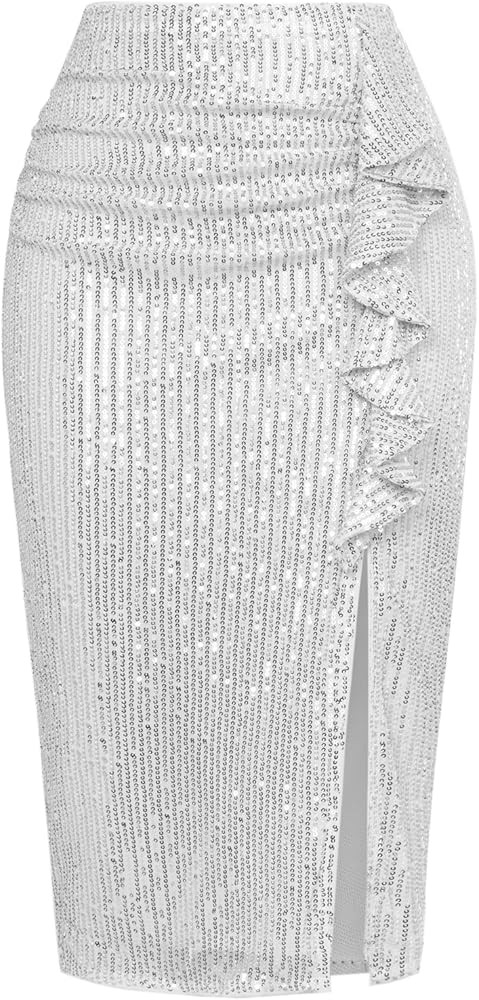 Kate Kasin Sequin Skirt Midi High Waisted Skirt with Side Slit Ruched Bodycon Sparkly Skirt Penci... | Amazon (US)