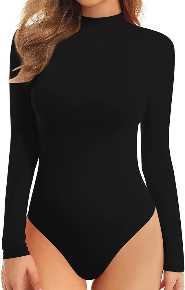 MANGOPOP Mock Turtle Neck Double Lined Long Sleeve Body Suits for Women Basic Body Suit Going Out... | Amazon (US)
