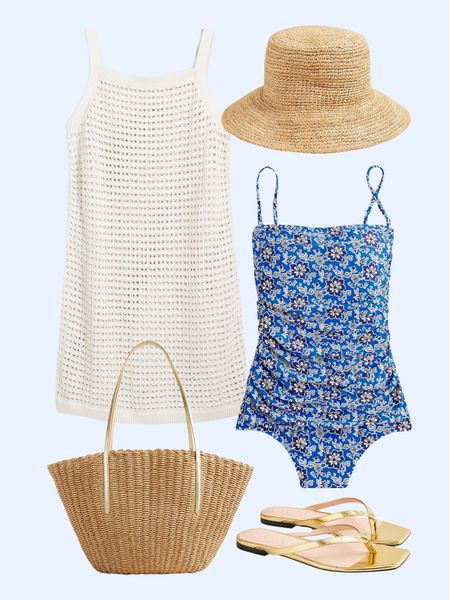 Beach or pool day look: crochet coverup dress, one piece swimsuit, raffia bucket hat, gold sandals, straw tote

#LTKSaleAlert #LTKxMadewell #LTKStyleTip
