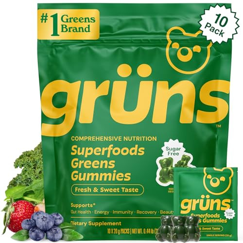 Gruns Sugar-Free Super Greens Gummies, Multivitamin Superfood Gummy Bears, Spirulina, Chlorella, Prebiotics & Fiber gummies for Digestive Health, Adaptogens Supplement, 20 Vitamins & Minerals, 10 pack | Amazon (US)